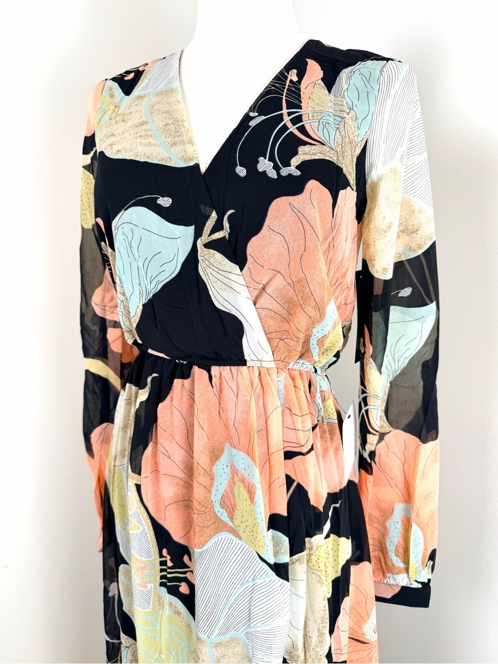 Lulu's Black Maxi Dress Coral & Mint Floral Print Faux Wrap XS NWT - Picture 6 of 16